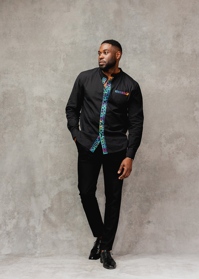 Ireti Men's African Print Button-Up Shirt (Black/Jade Amber Adire)
