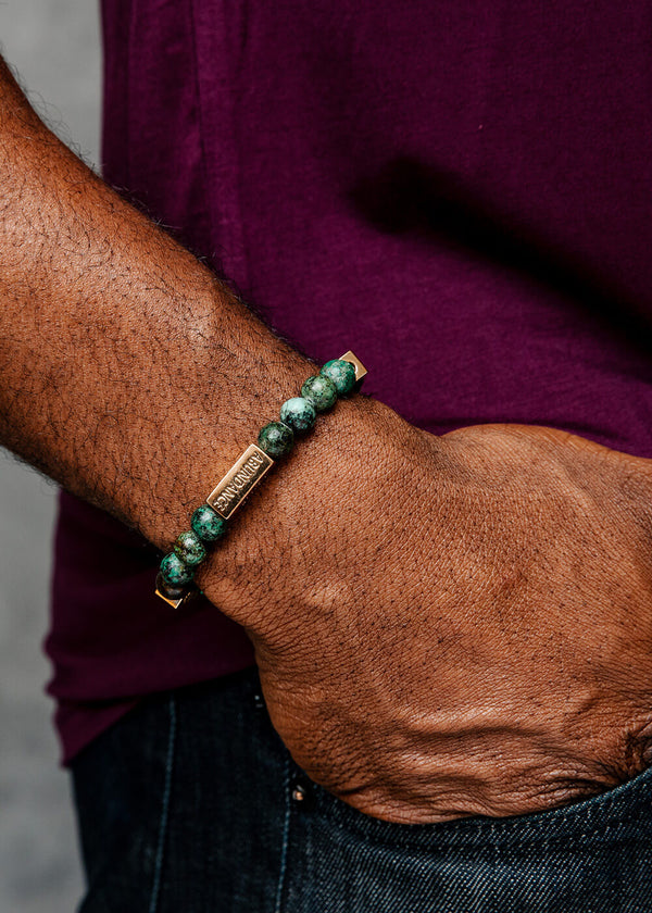 Isokan Unisex Adinkra Symbol Beaded Bracelet (African Turquoise with Gold)