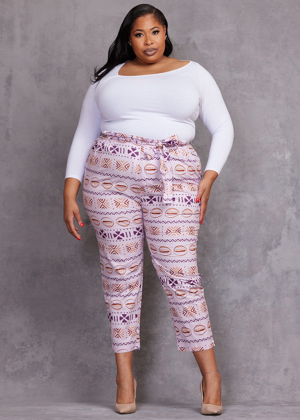 Jemila Women's African Print High-Waisted Pants (Mauve Plum Mudcloth) - Clearance