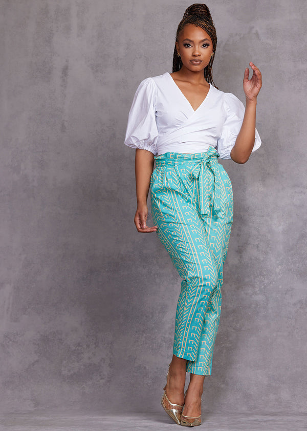 Jemila Women's African Print High-Waisted Pants (Mint Tan Mudcloth) - Clearance