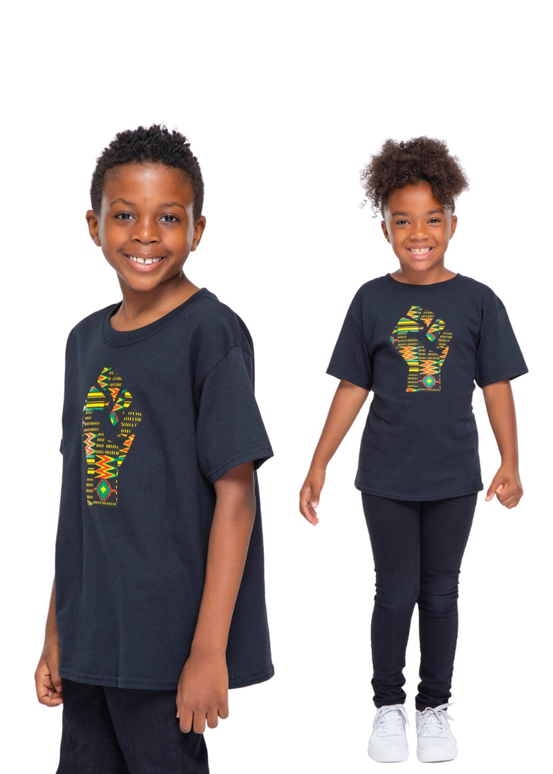 Julo African Print Graphic Fist T-shirt (Black/Black Green Kente) - Clearance