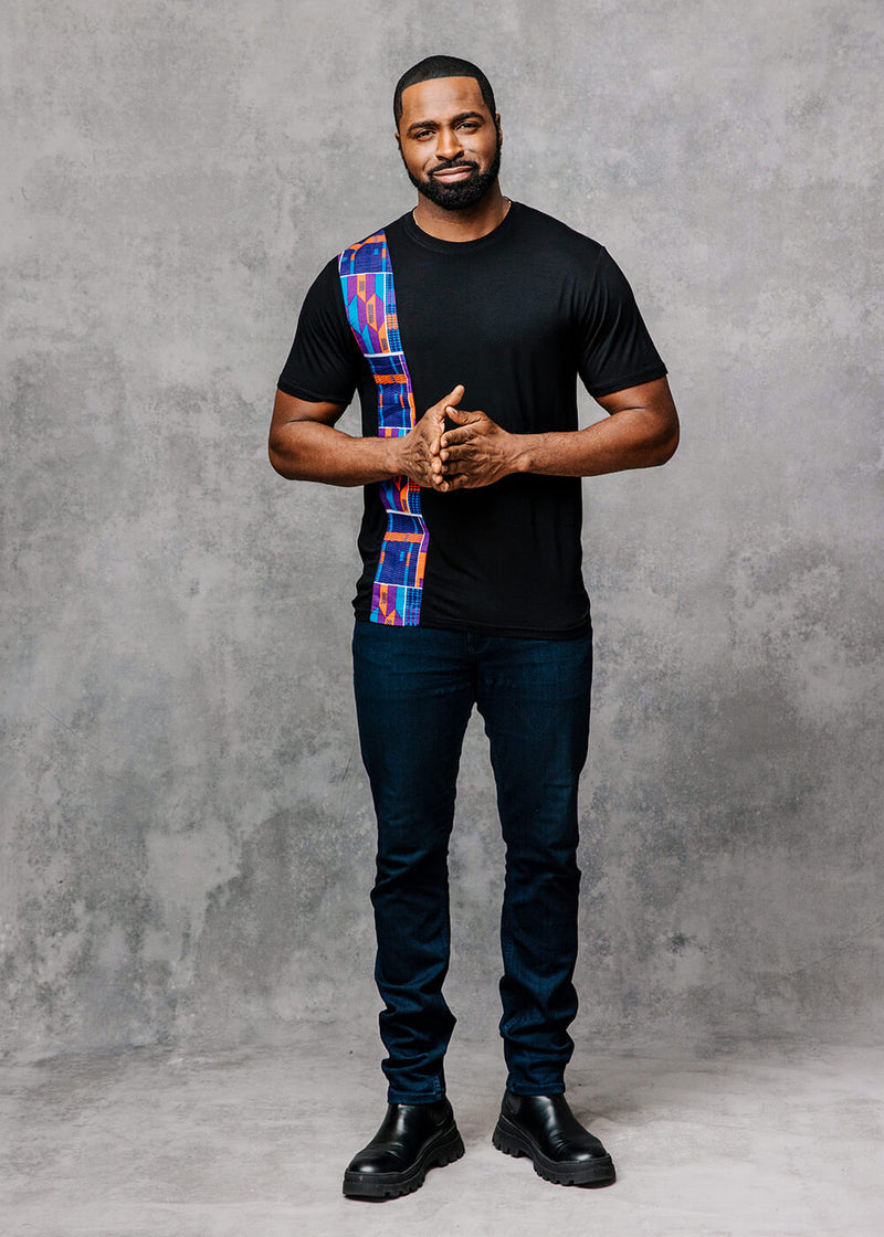 Kwau Men's African Print Short Sleeve T-shirt (Black/Purple Navy Kente)