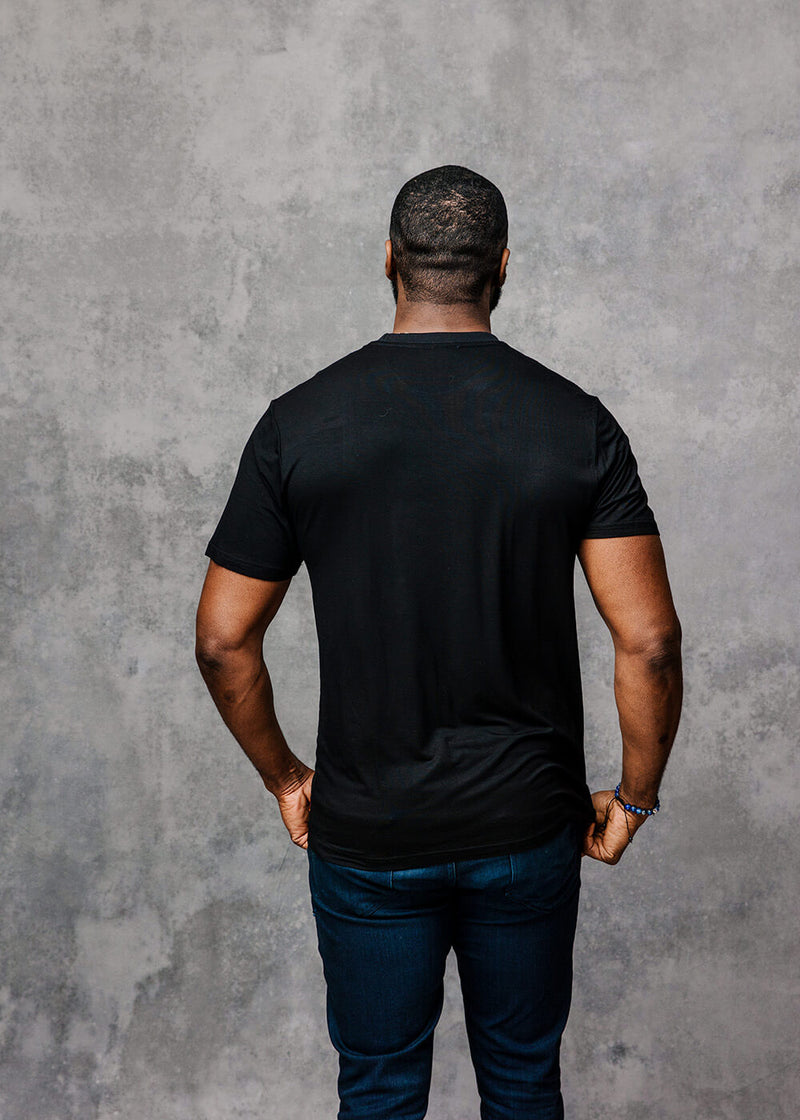 Kwau Men's African Print Short Sleeve T-shirt (Black/Purple Navy Kente)