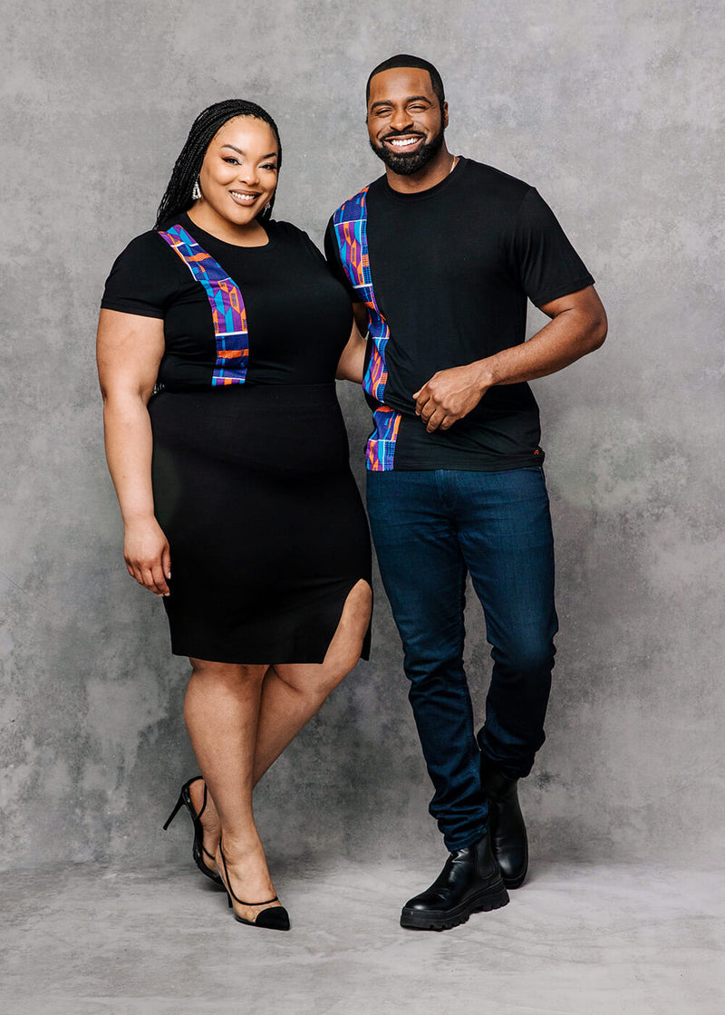 Kwau Men's African Print Short Sleeve T-shirt (Black/Purple Navy Kente)
