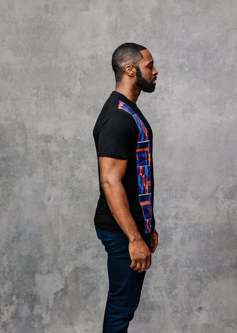 Kwau Men's African Print Short Sleeve T-shirt (Black/Purple Navy Kente)