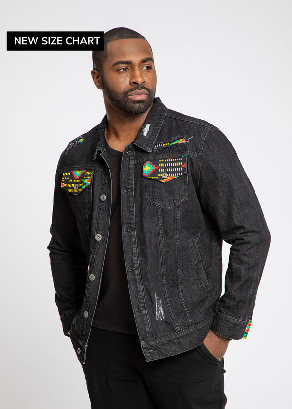 Kele Unisex African Print Denim Jacket with Africa Patch (Black Green Kente) - Clearance