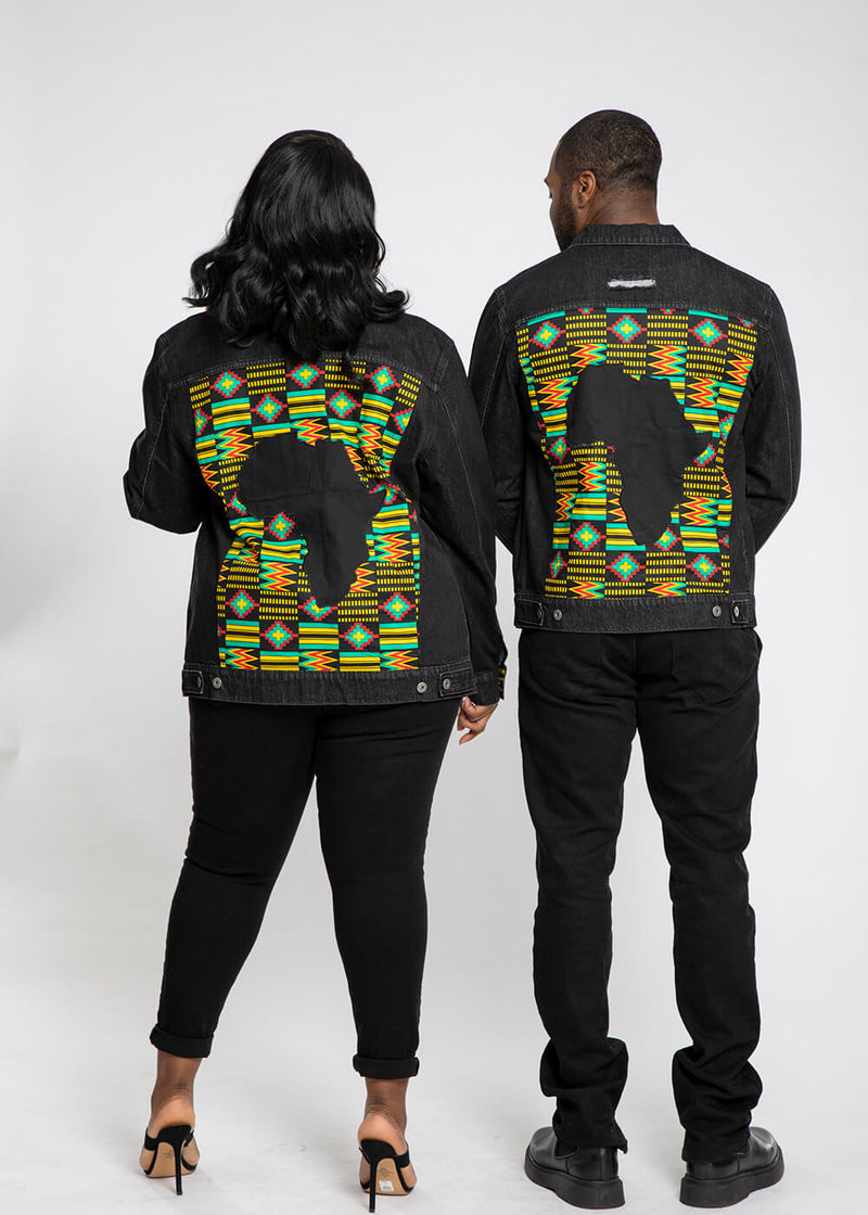 Kele Unisex African Print Denim Jacket with Africa Patch (Black Green Kente) - Clearance