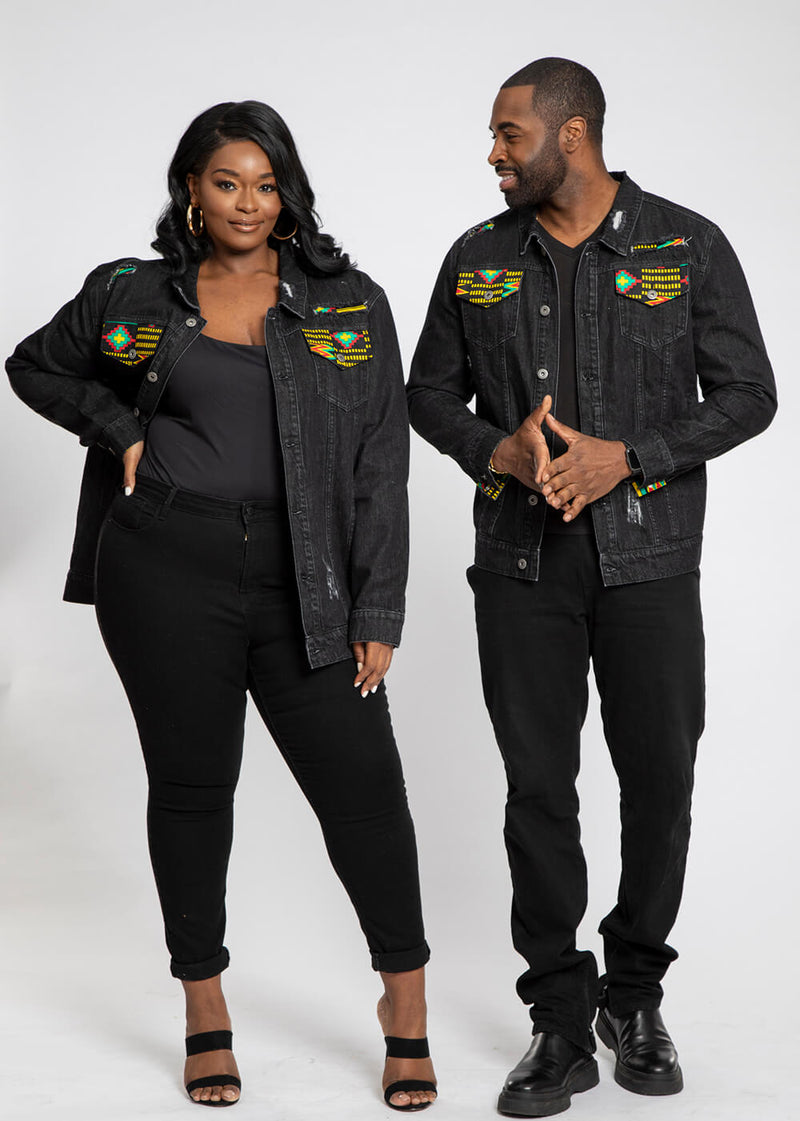 Kele Unisex African Print Denim Jacket with Africa Patch (Black Green Kente) - Clearance