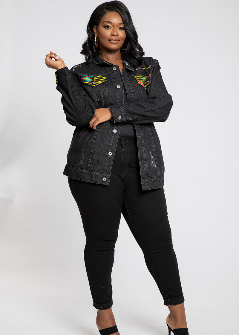 Kele Unisex African Print Denim Jacket with Africa Patch (Black Green Kente) - Clearance