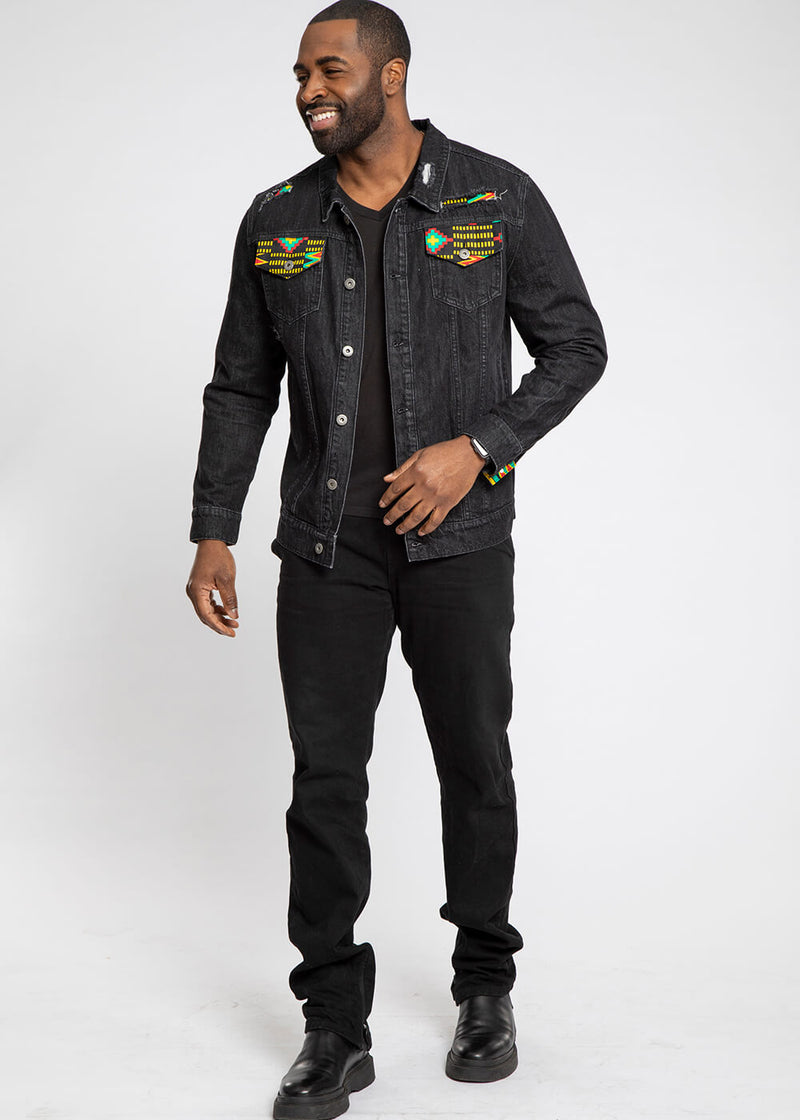 Kele Unisex African Print Denim Jacket with Africa Patch (Black Green Kente) - Clearance