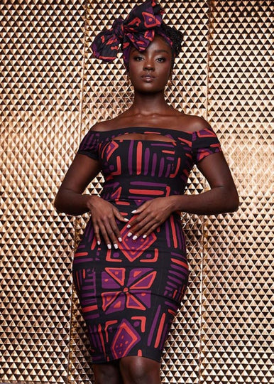 Keruba Women's African Print Stretch Dress (Black Peach Tribal)