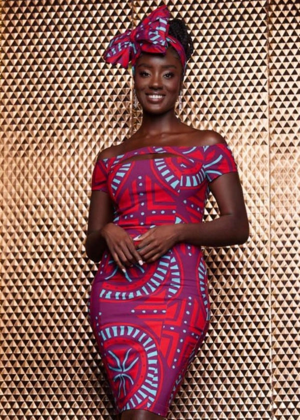 Keruba Women's African Print Stretch Dress (Red Mint Medallion) - Clearance