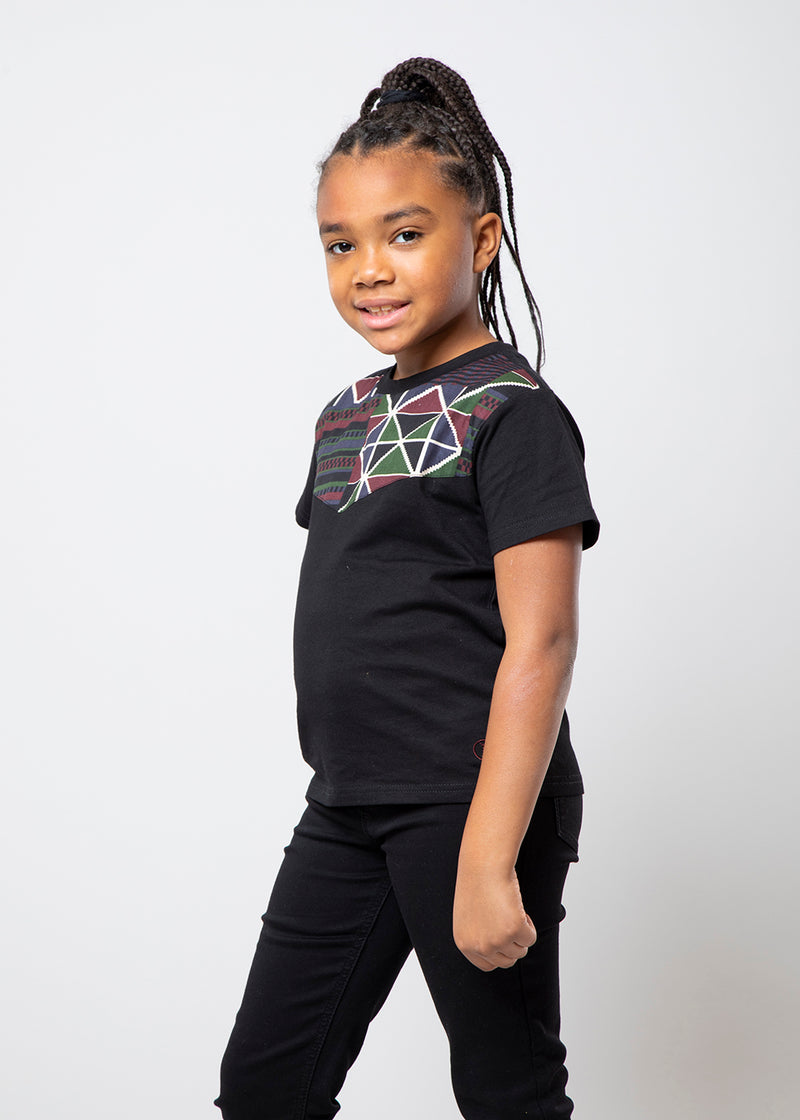 Haji Kid's African Print Applique T-shirt (Black/Black Red Kente) - Clearance