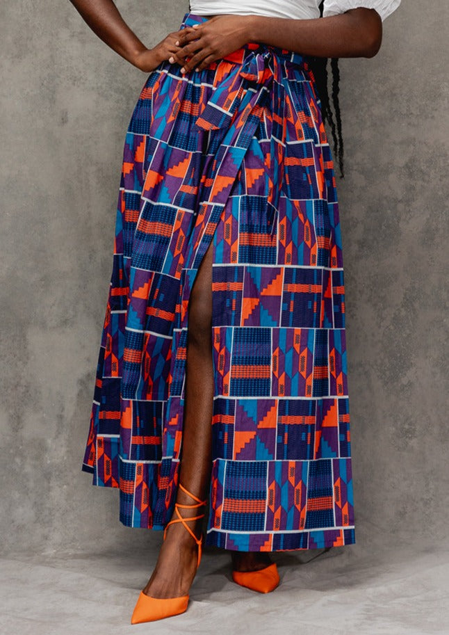 Kimiya Women's African Print Faux Wrap Skirt (Purple Navy Kente)