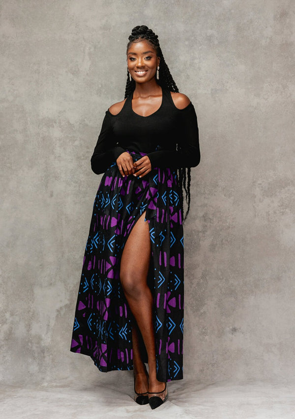 Kimiya Women's African Print Faux Wrap Skirt (Black Purple Mudcloth)