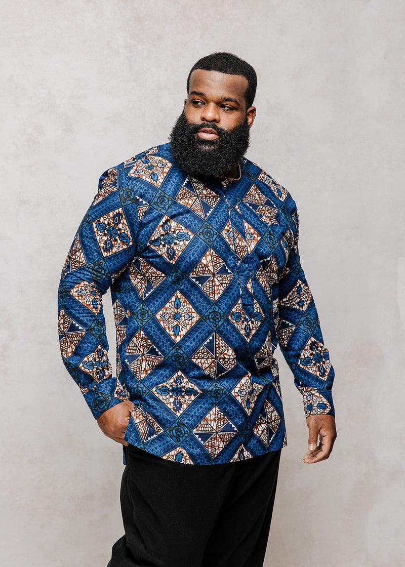 Jafari Men's African Print Long Sleeve Traditional Shirt (Blue Tan Diamonds)
