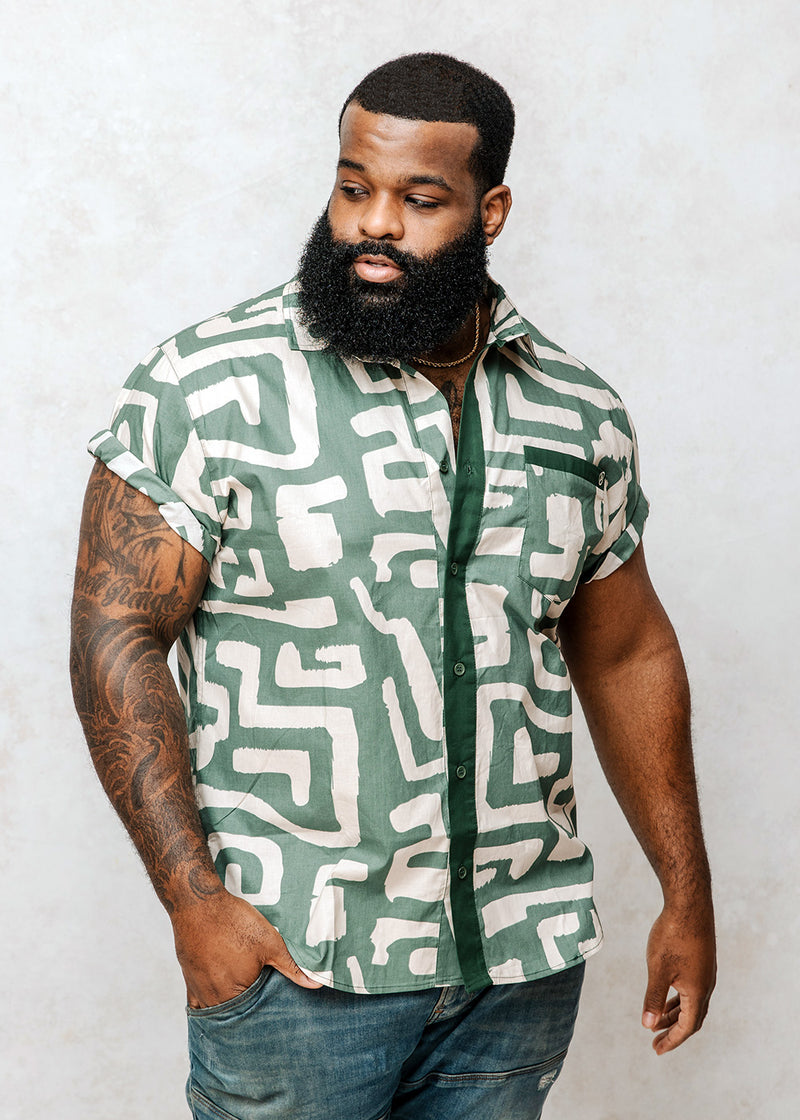 Hakim Men's Button-Up Shirt (Olive Geometric) – D'IYANU