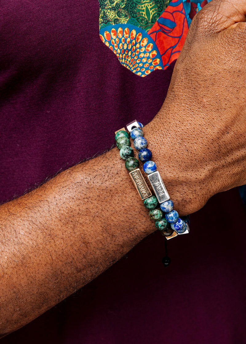 Nife Unisex Adinkra Symbol Beaded Bracelet (Lapiz Lazuli with Silver)