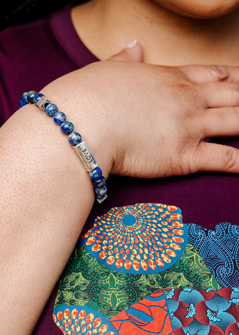 Nife Unisex Adinkra Symbol Beaded Bracelet (Lapiz Lazuli with Silver)