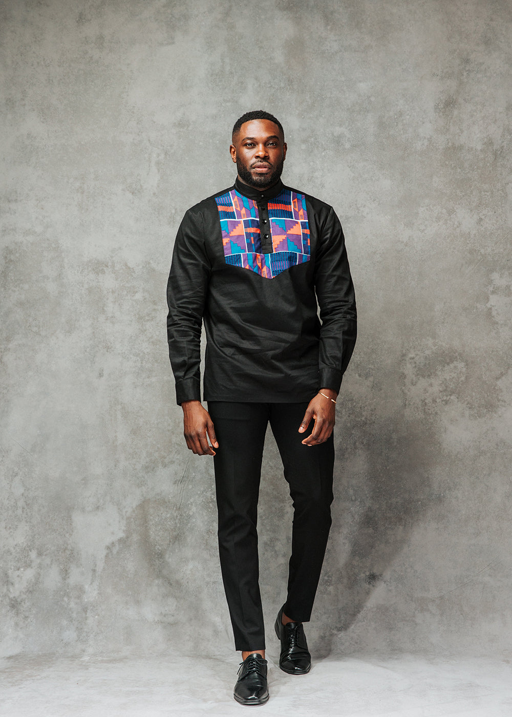 Meka Men's African Print Collared Henley Shirt (Black/Purple Navy Kente)