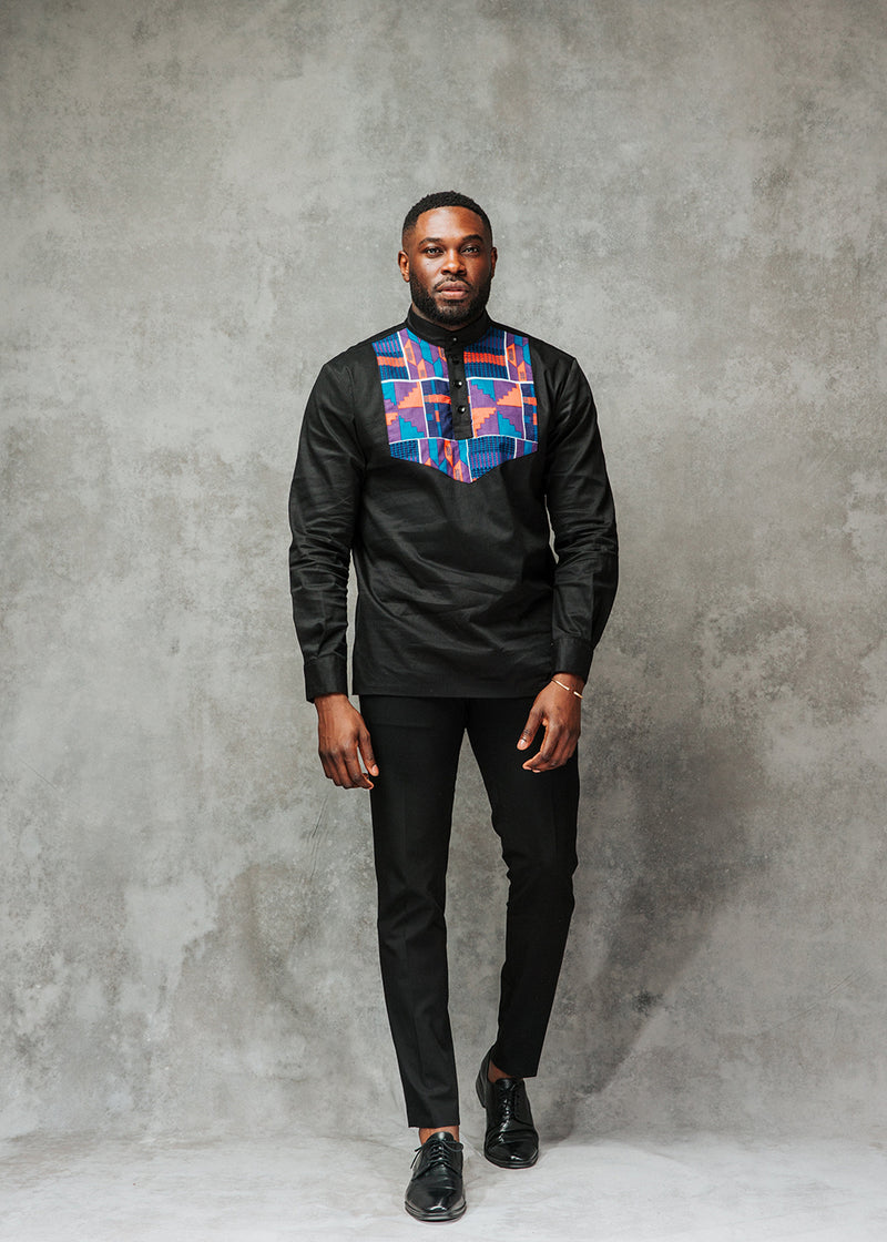 Meka Men's African Print Collared Henley Shirt (Black/Purple Navy Kente) - Clearance