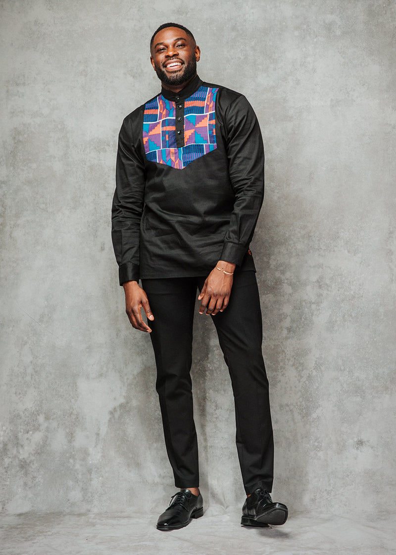 Meka Men's African Print Collared Henley Shirt (Black/Purple Navy Kente) - Clearance