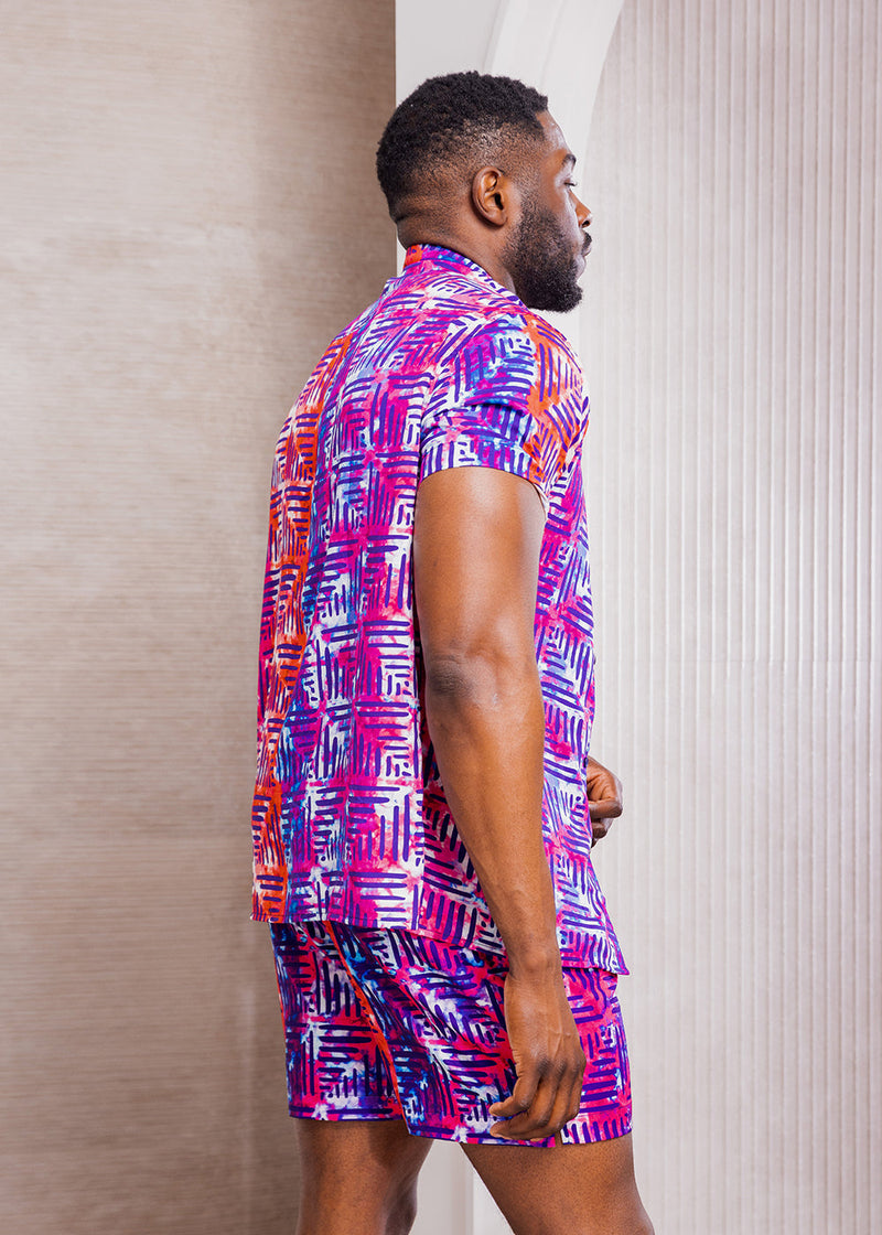 Malik Men's African Print Lightweight Button-Up Shirt (Blue Raspberry Adire)