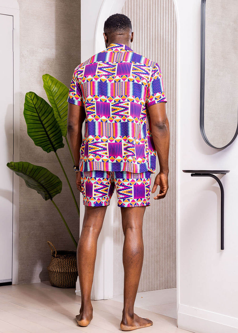 Malik Men's African Print Lightweight Button-Up Shirt (Mint Purple Kente)