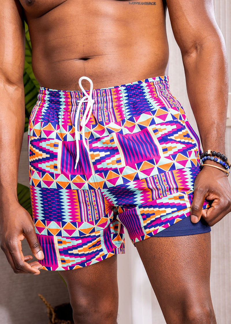 Safari Men's African Print Swim Trunks (Mint Purple Kente)