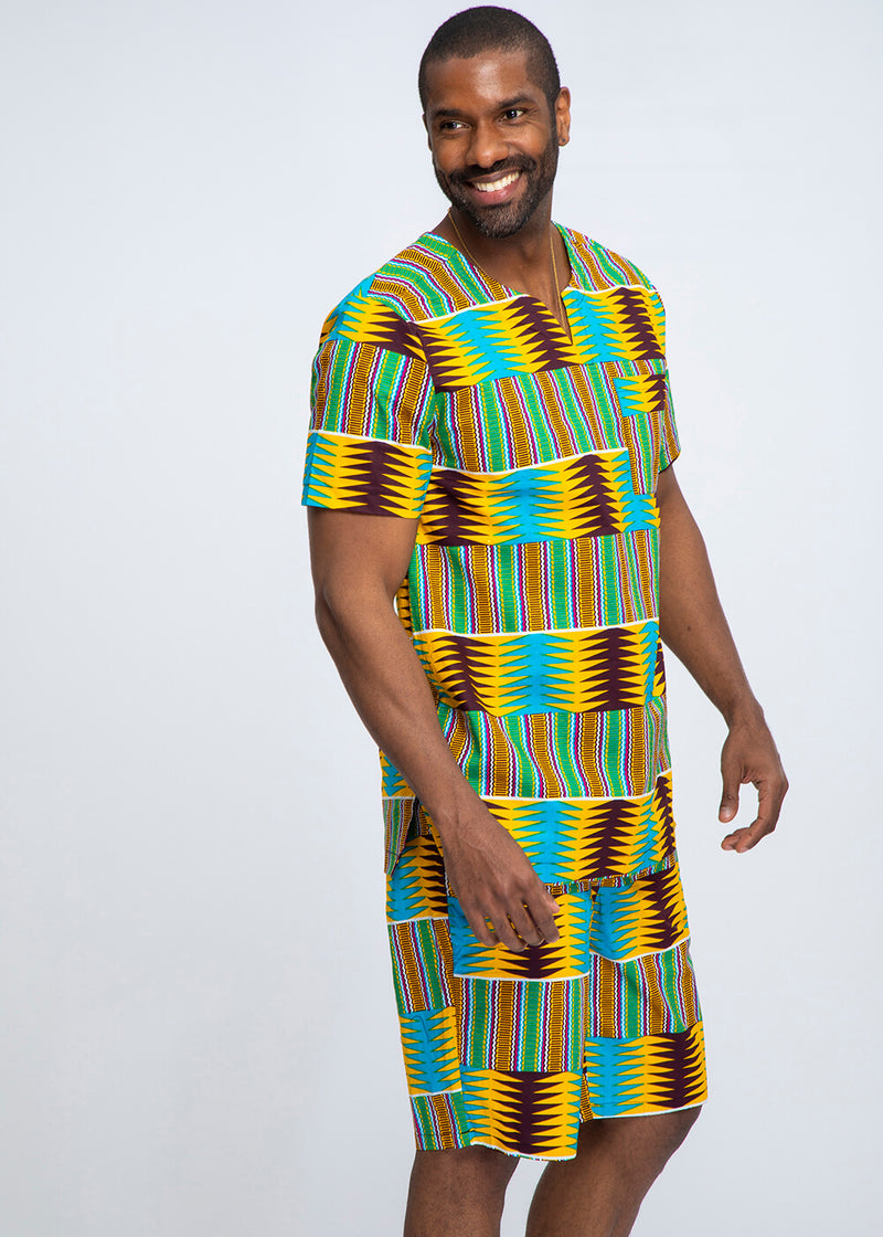 Alamini Men's African Print Men's Tunic (Turquoise Yellow Kente - Clearance
