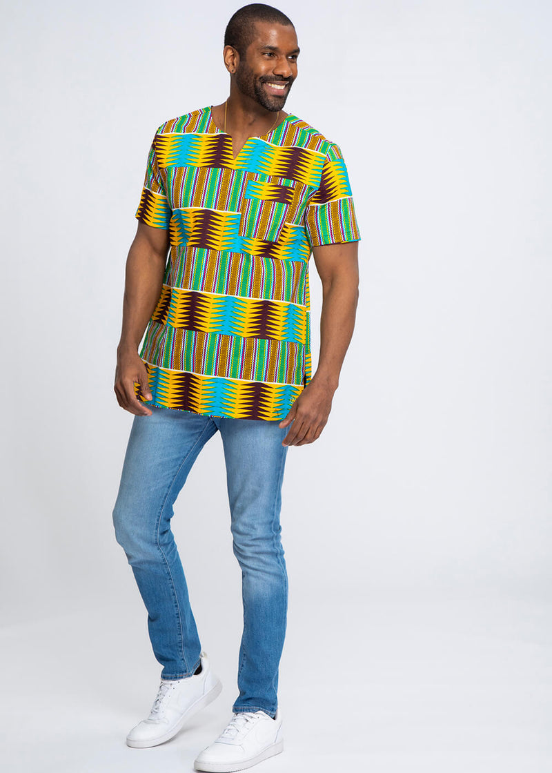 Alamini Men's African Print Men's Tunic (Turquoise Yellow Kente - Clearance