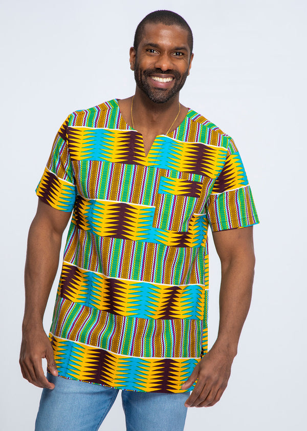 Alamini Men's African Print Men's Tunic (Turquoise Yellow Kente - Clearance
