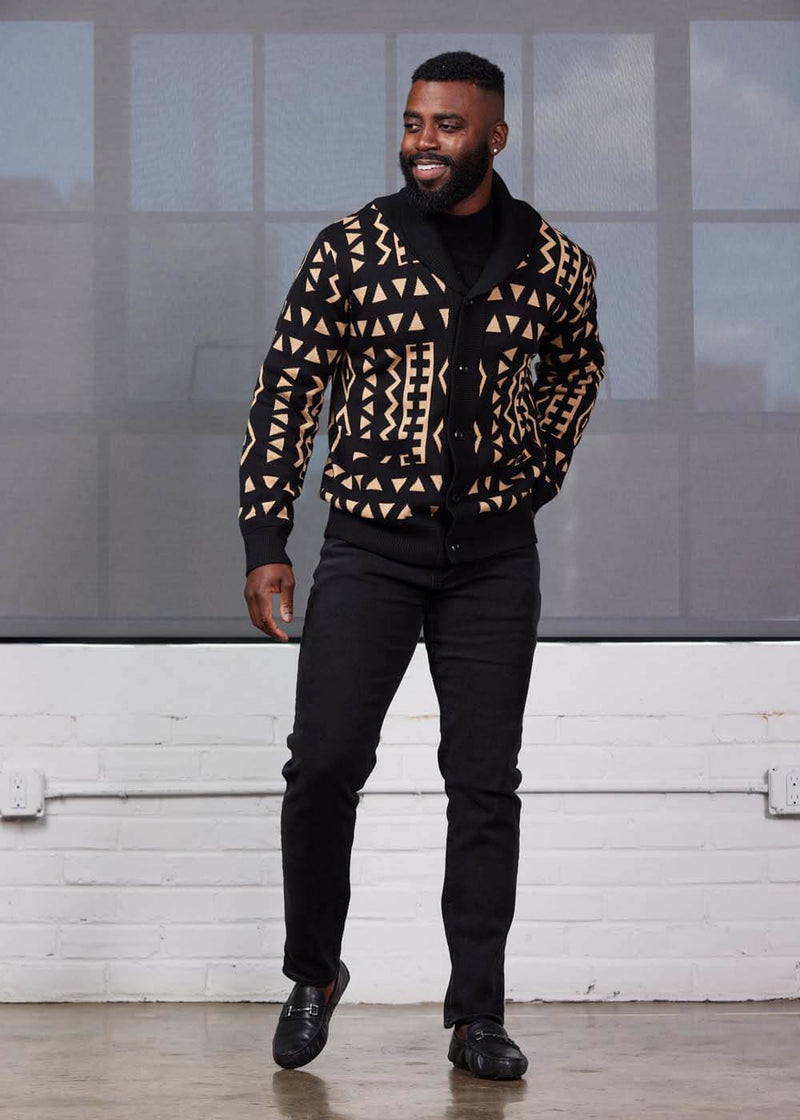Aren African Print Button-Up Cardigan Sweater (Tan Black Tribal) – D'IYANU