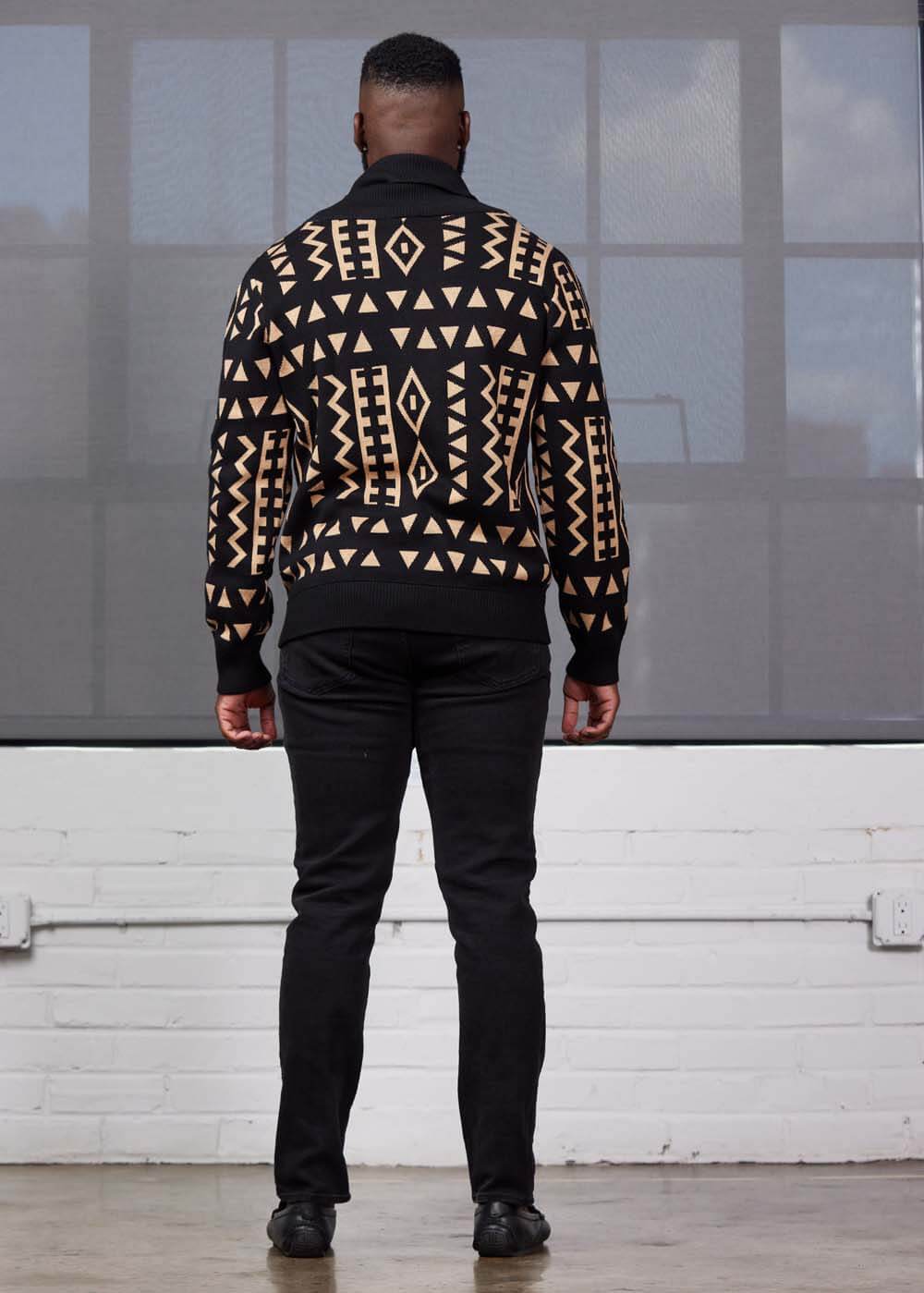 Aren African Print Button-Up Cardigan Sweater (Tan Black Tribal)