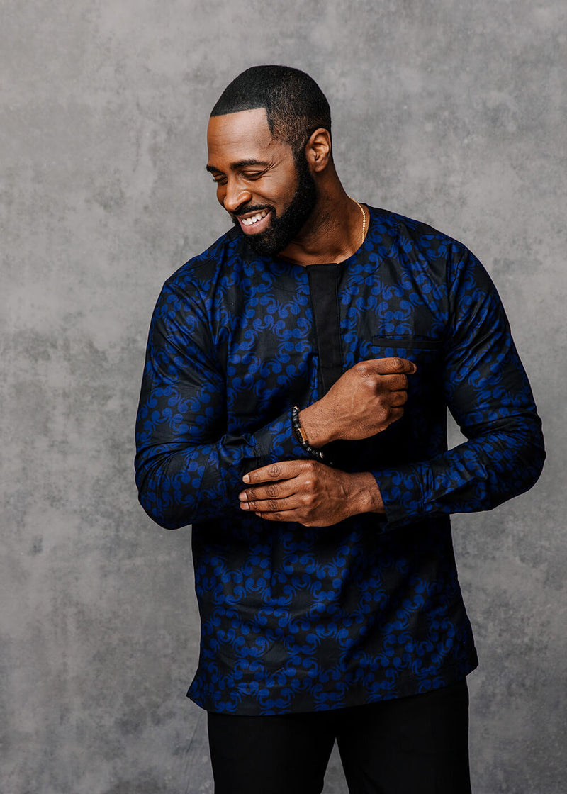 Abaeze Men's African Print Traditional Top (Black Blue Flowers)