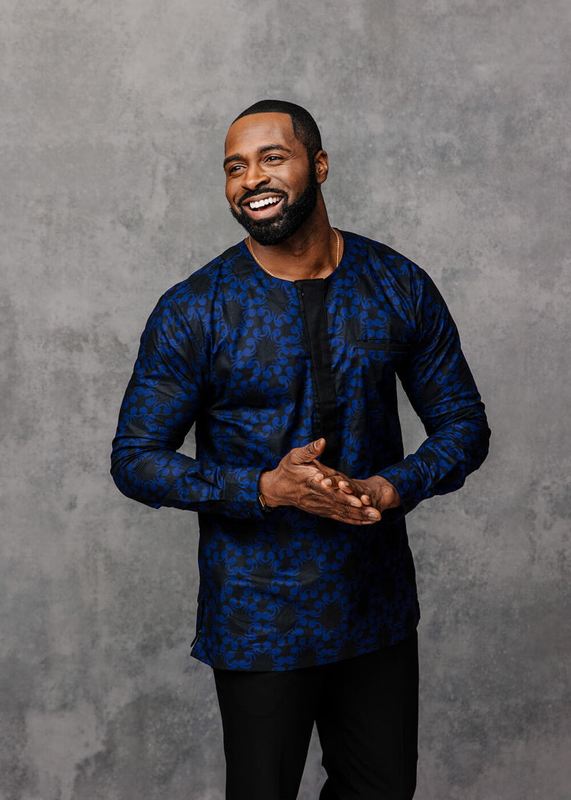 Abaeze Men's African Print Traditional Top (Black Blue Flowers)