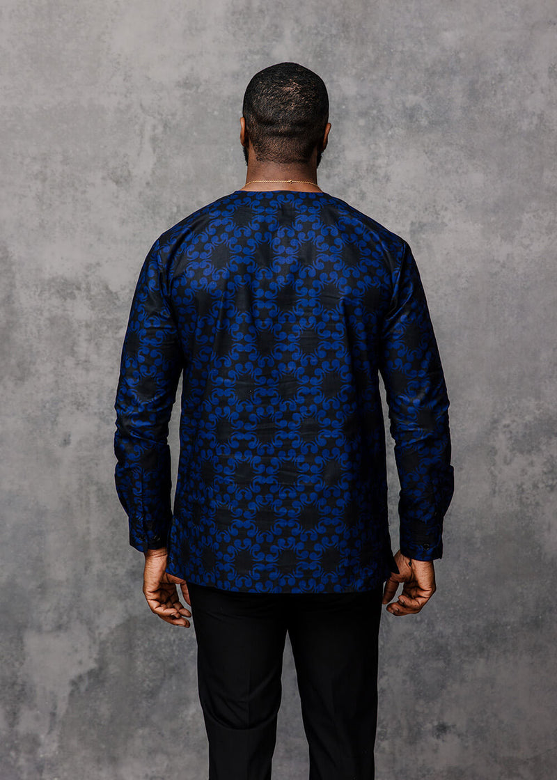 Abaeze Men's African Print Traditional Top (Black Blue Flowers)