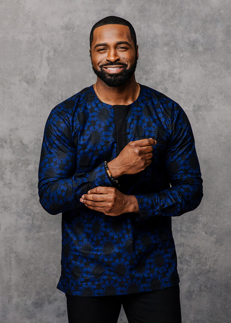 Abaeze Men's African Print Traditional Top (Black Blue Flowers)