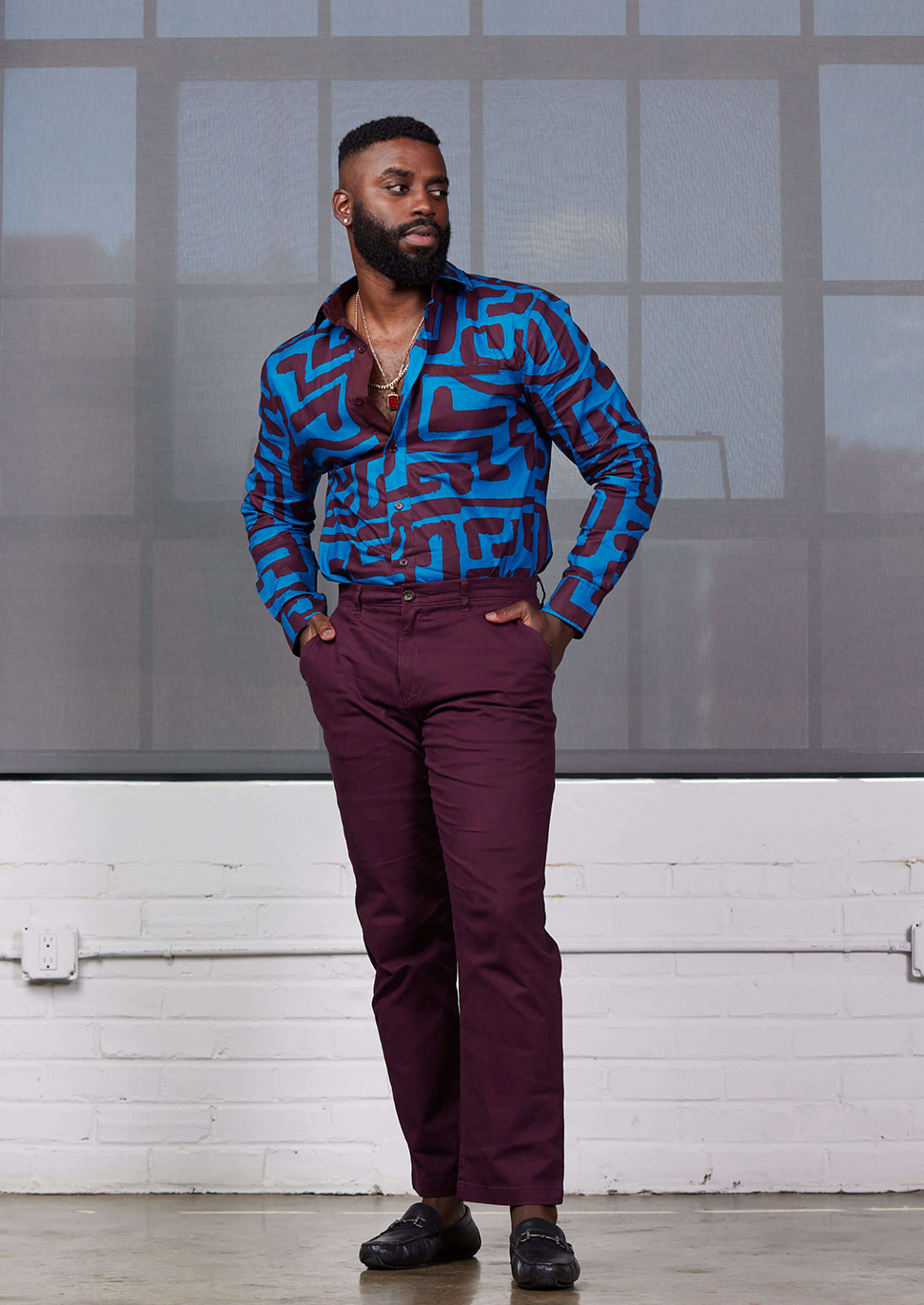 Chane Men's African Print Button-Up Shirt (Fig Blue Geometric) - Clearance