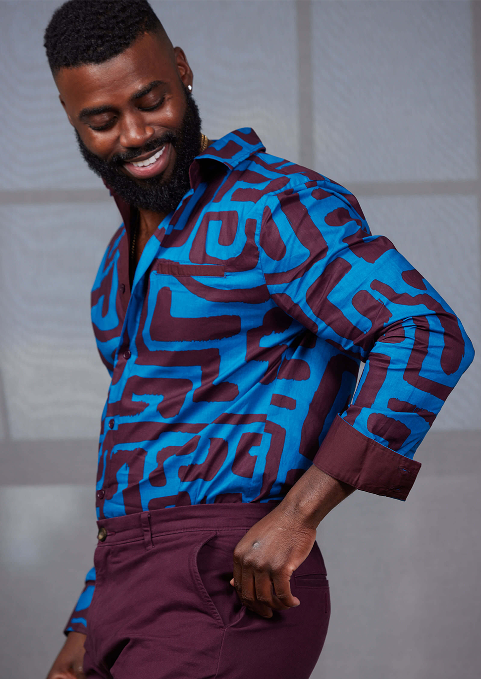 Chane Men's African Print Button-Up Shirt (Fig Blue Geometric) - Clearance
