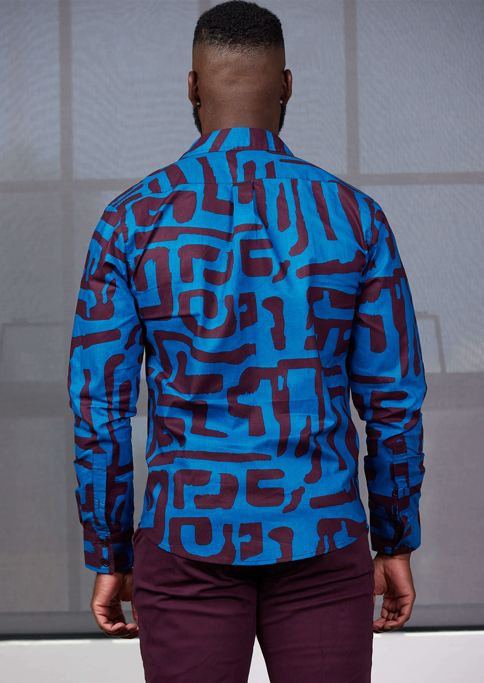 Chane Men's African Print Button-Up Shirt (Fig Blue Geometric) - Clearance