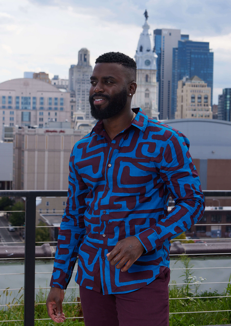 Chane Men's African Print Button-Up Shirt (Fig Blue Geometric) - Clearance