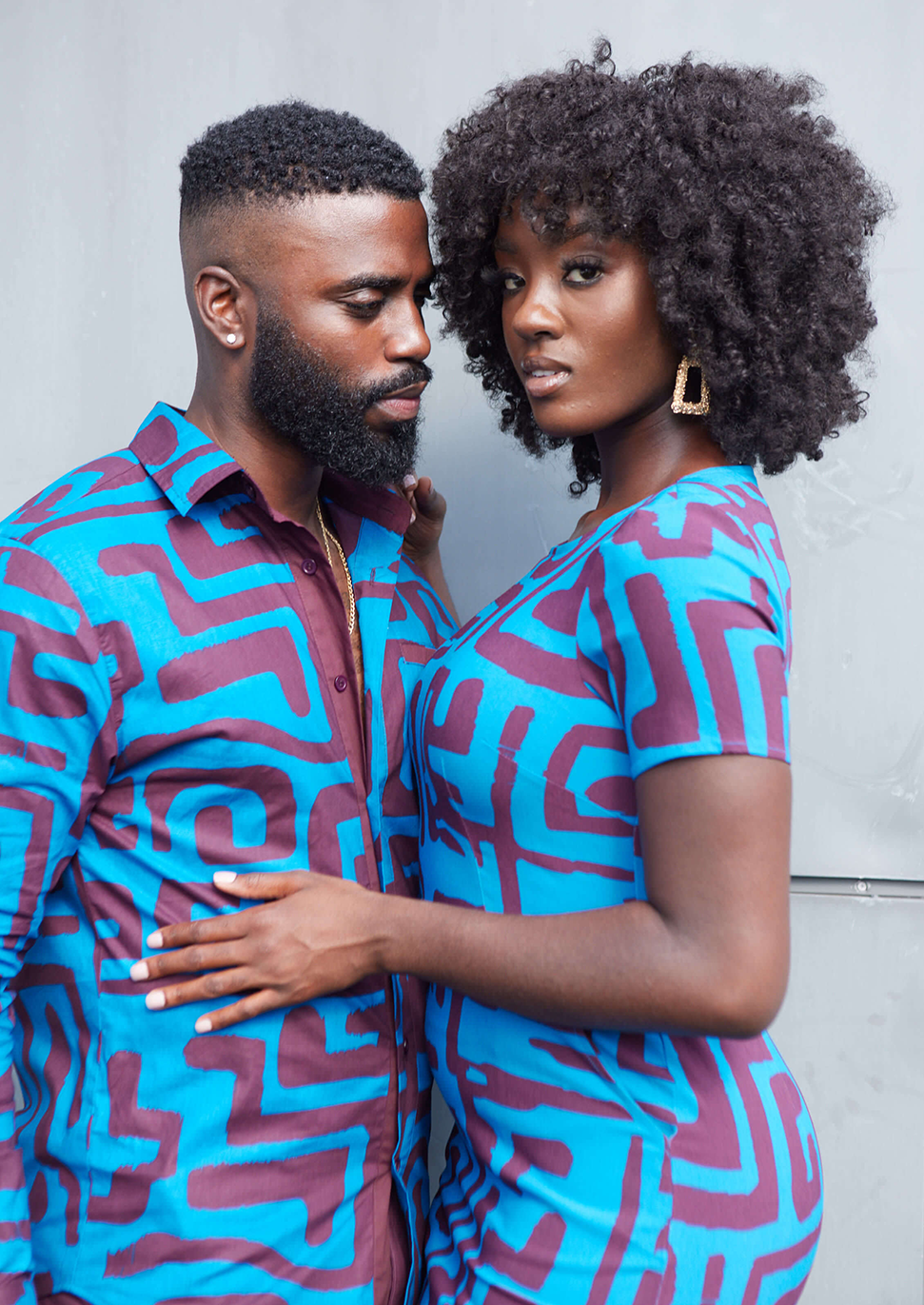 Chane Men's African Print Button-Up Shirt (Fig Blue Geometric) - Clearance