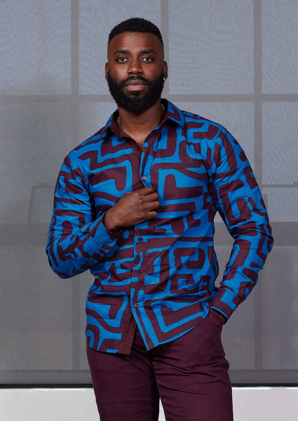 Chane Men's African Print Button-Up Shirt (Fig Blue Geometric) - Clearance