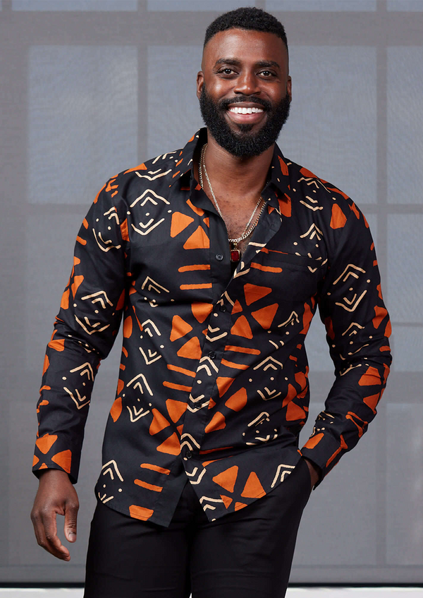 Chane Men's African Print Button-Up Shirt (Natural Mudcloth)