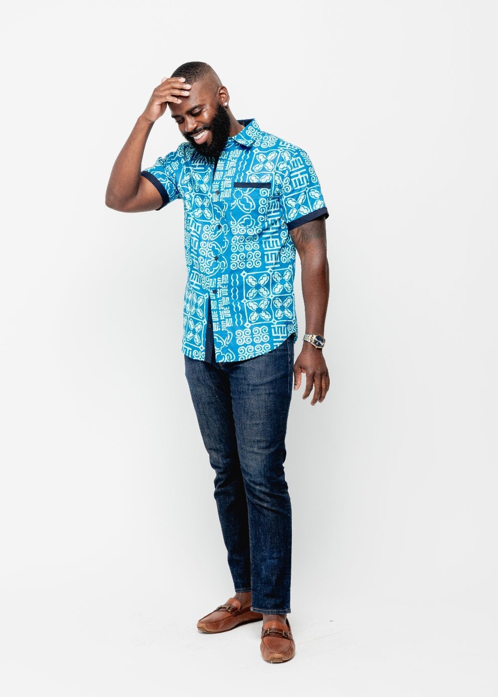 Deion Men's African Print Short Sleeve Button-Up Shirt (Cool Blue Adire) - D'IYANU