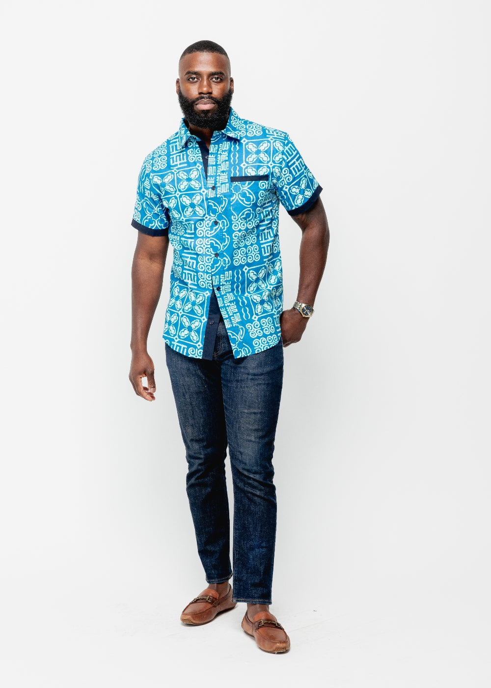 Deion Men's African Print Short Sleeve Button-Up Shirt (Cool Blue Adire) - Clearance