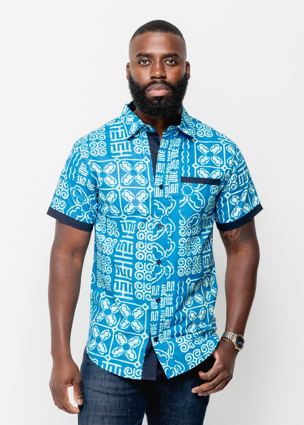 Deion Men's African Print Short Sleeve Button-Up Shirt (Cool Blue Adire) Blue - D'IYANU