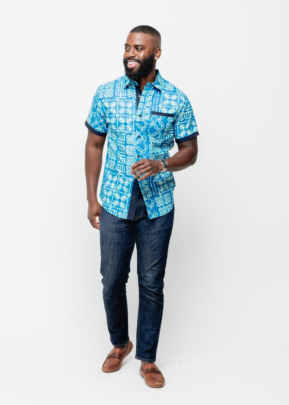 Deion Men's African Print Short Sleeve Button-Up Shirt (Cool Blue Adire) - Clearance