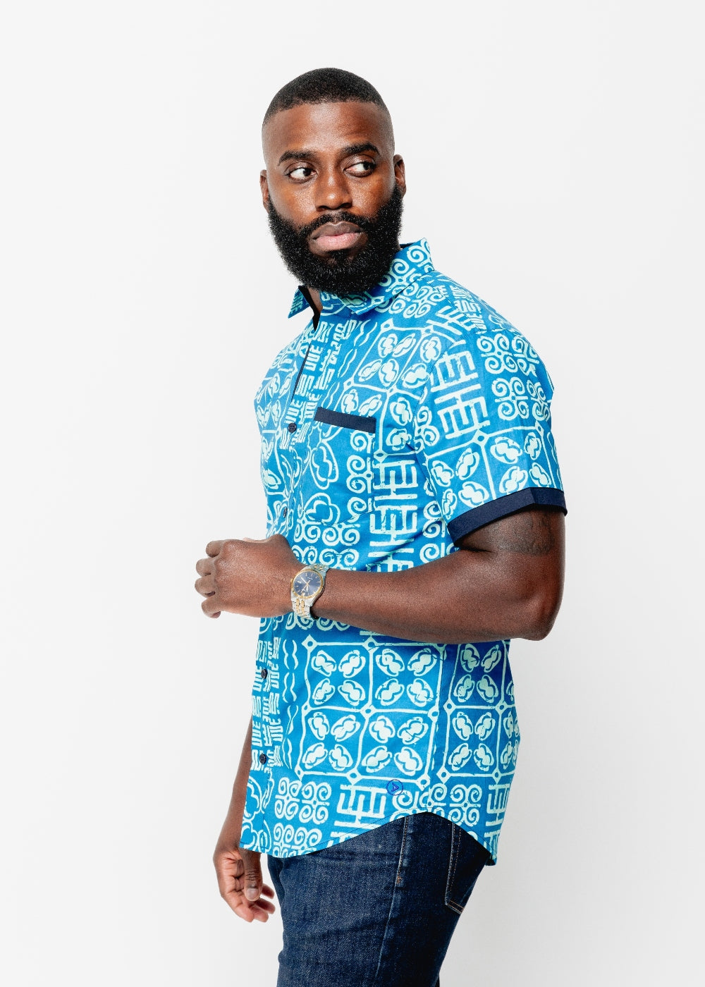 Deion Men's African Print Short Sleeve Button-Up Shirt (Cool Blue Adire) - Clearance